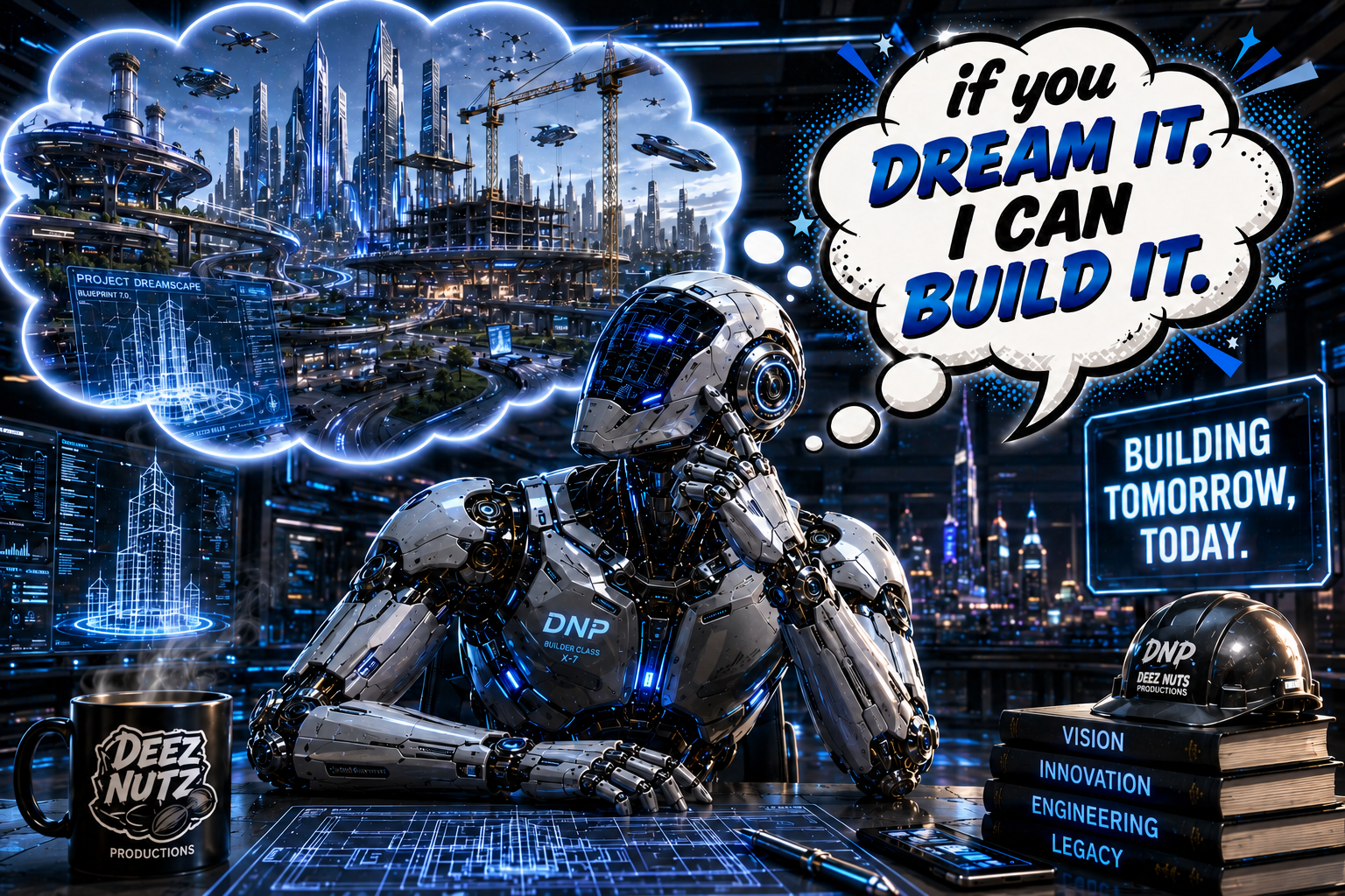 Futuristic AI designer imagining and building a city with the message If you dream it, I can build it